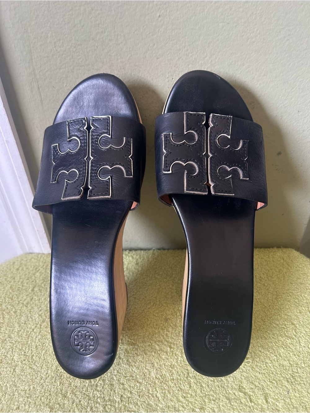 Tory Burch Ines Black Leather Logo Slide Mules